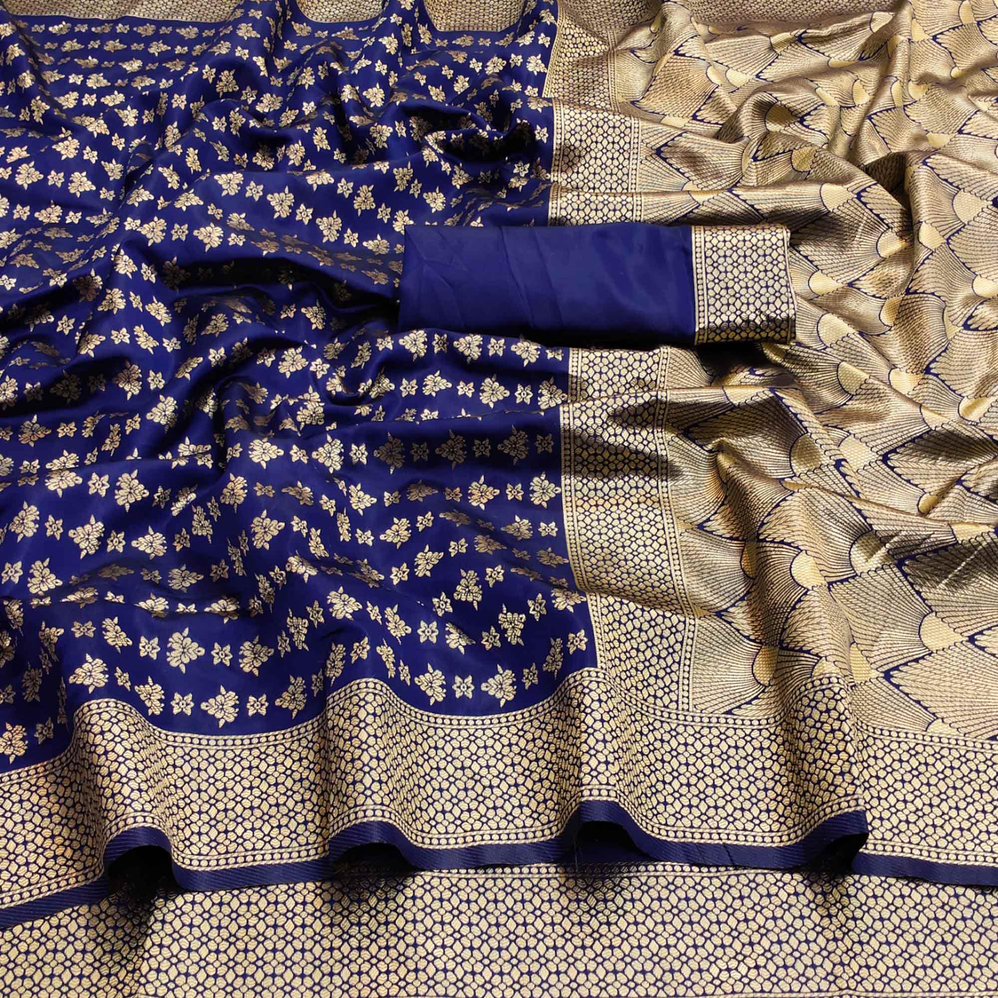 Attractive Navy Blue Colored Festive Wear Woven Banarasi Silk Saree - Peachmode