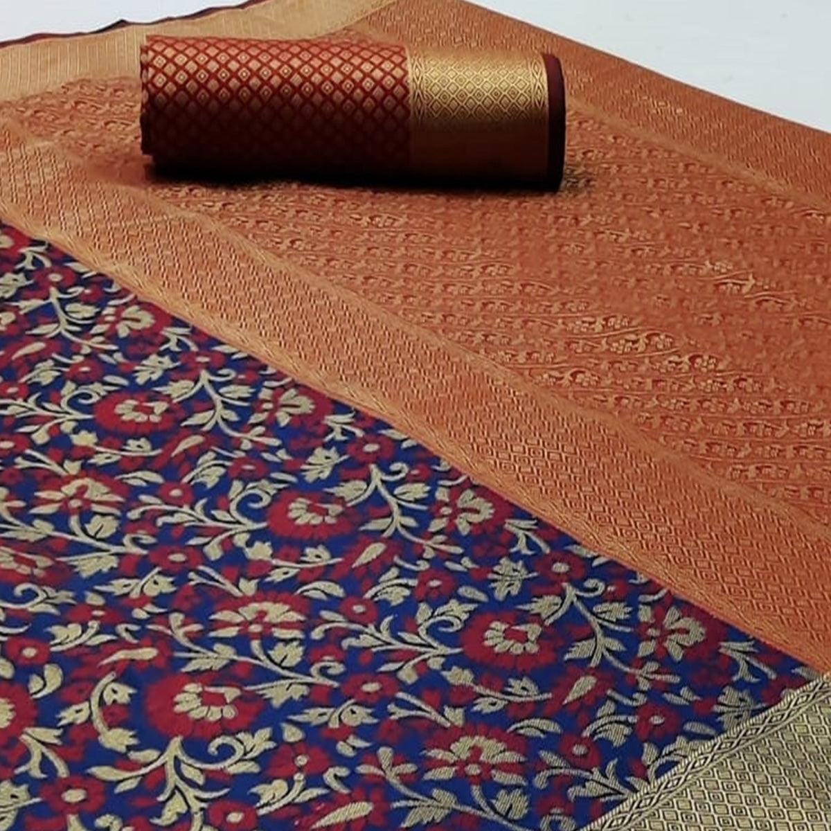 Attractive Navy Blue Colored Festive Wear Woven Patola Silk Saree - Peachmode