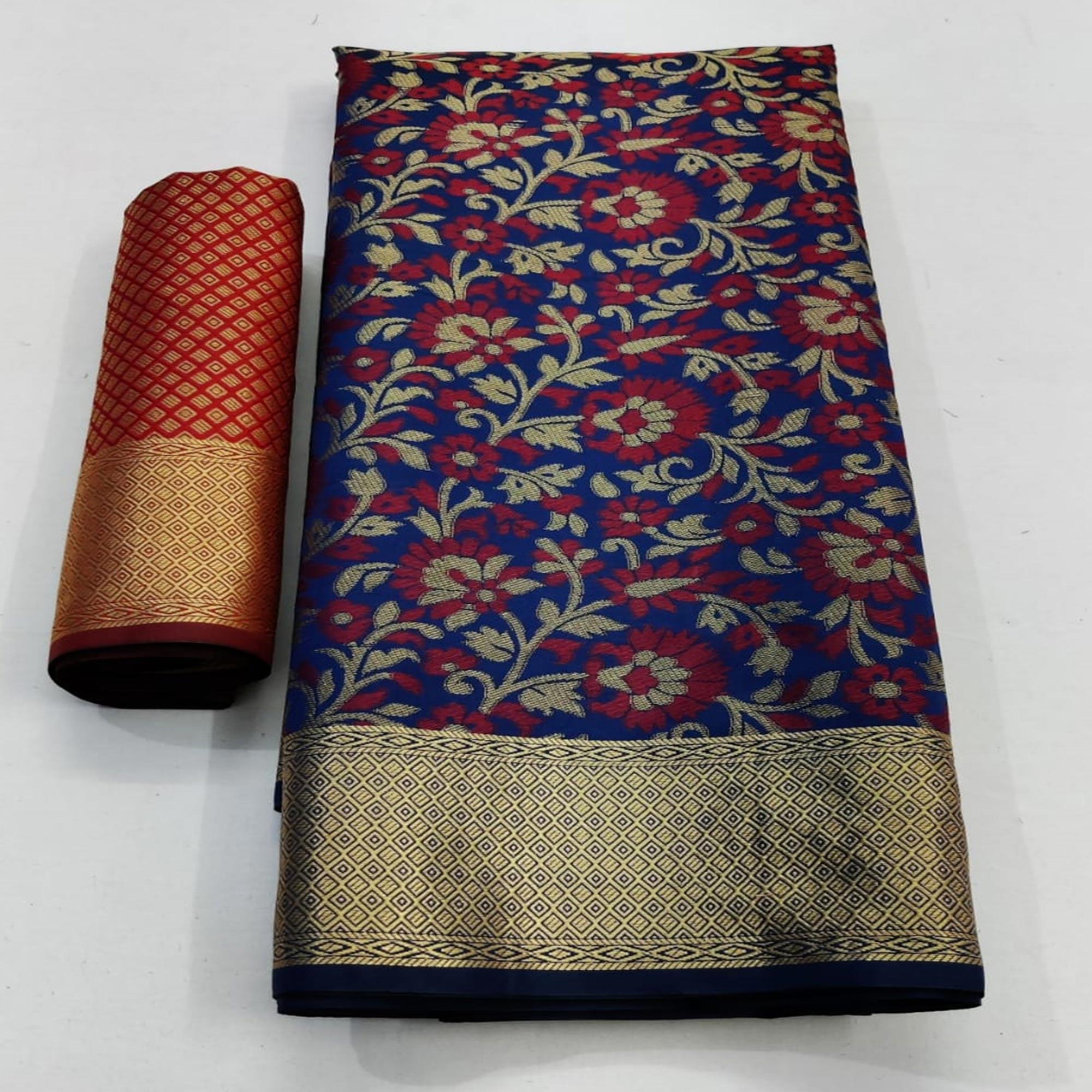 Attractive Navy Blue Colored Festive Wear Woven Patola Silk Saree - Peachmode