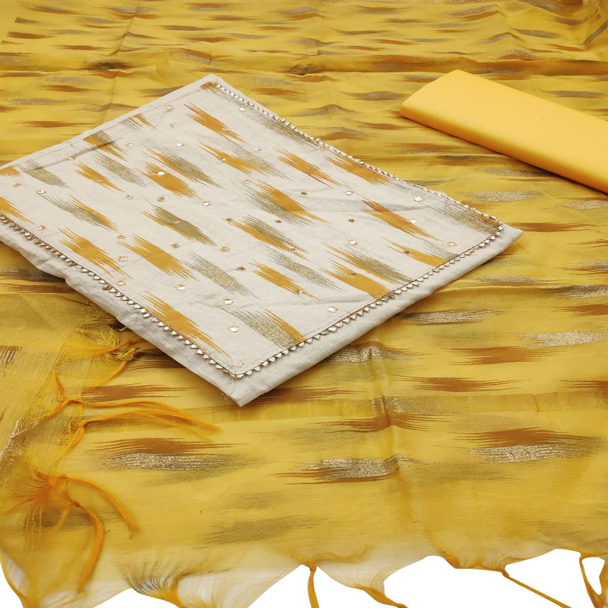 Attractive Offwhite - Yellow Colored Casual Wear Printed Khadi Dress Material - Peachmode