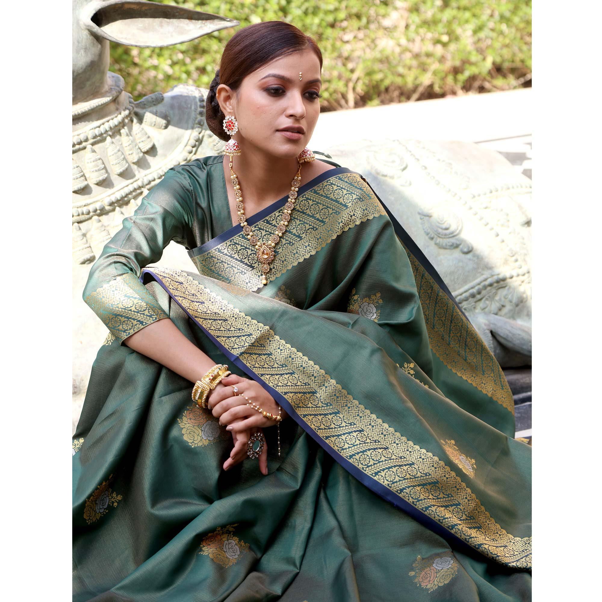 Attractive Olive Green Colored Festive Wear Woven Fancy Silk Saree - Peachmode
