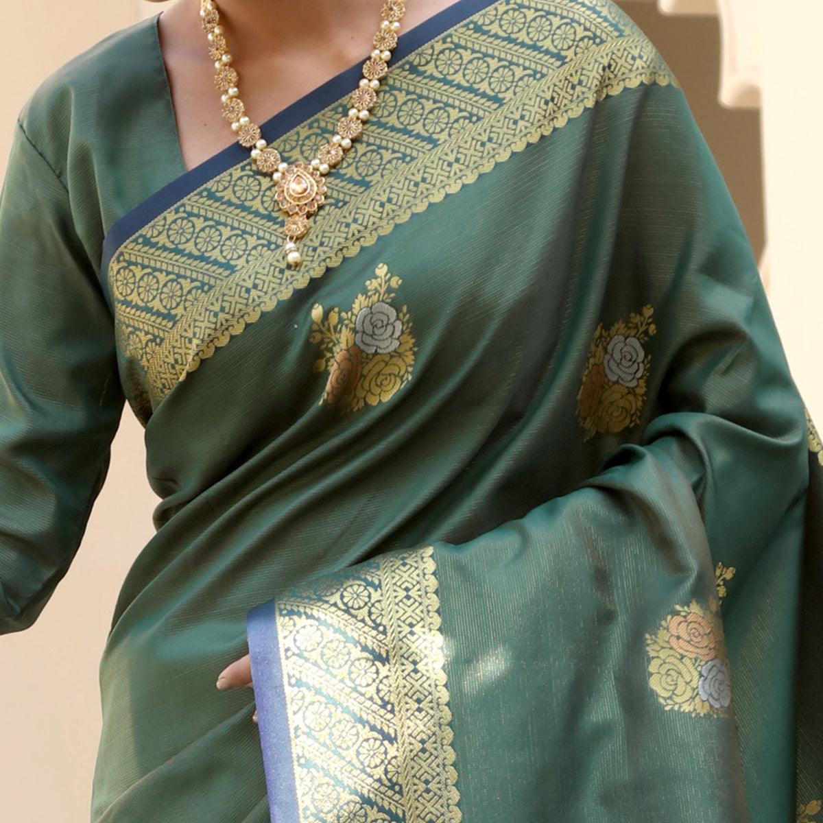 Attractive Olive Green Colored Festive Wear Woven Fancy Silk Saree - Peachmode