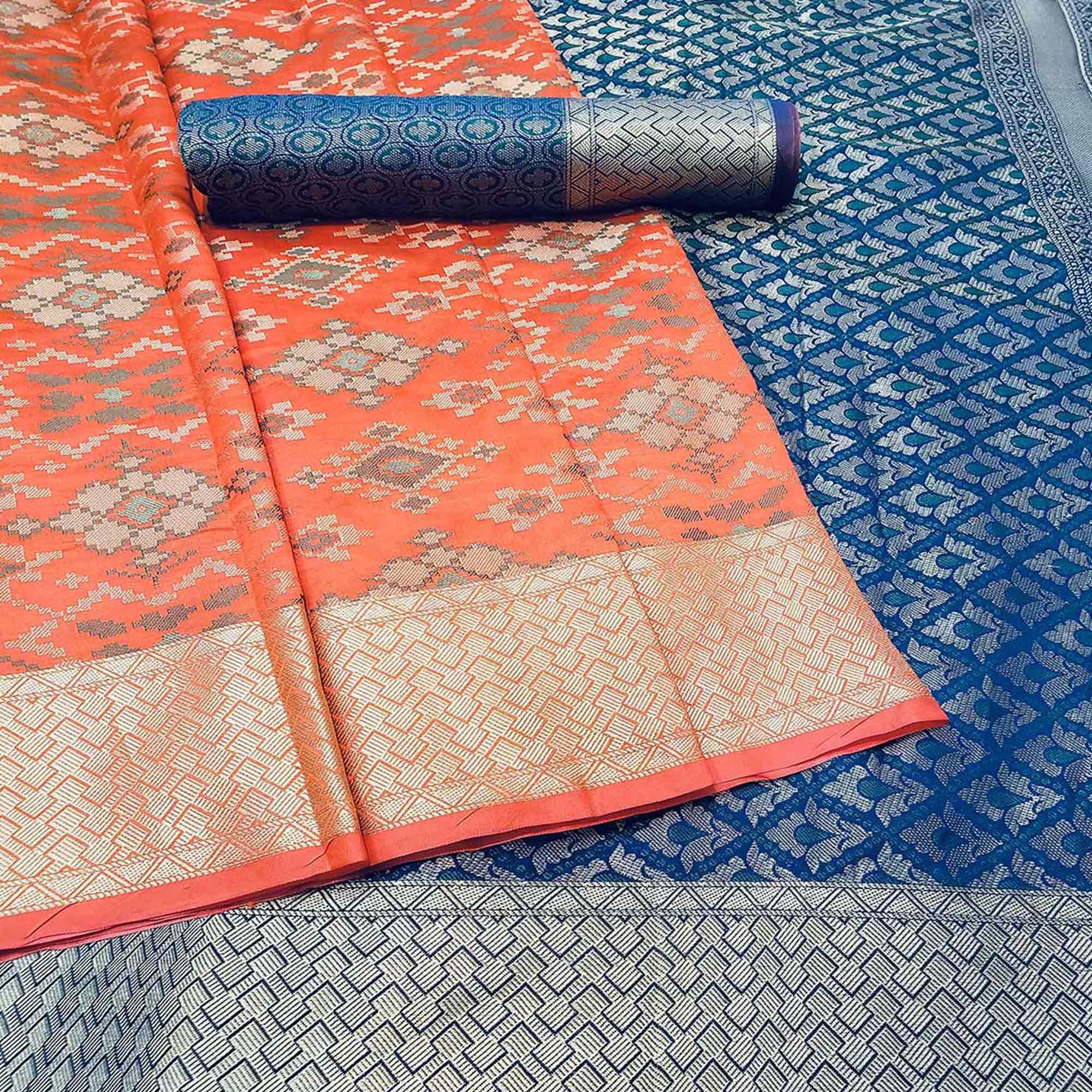 Attractive Orange Colored Festive Wear Woven Banarasi Silk Saree - Peachmode