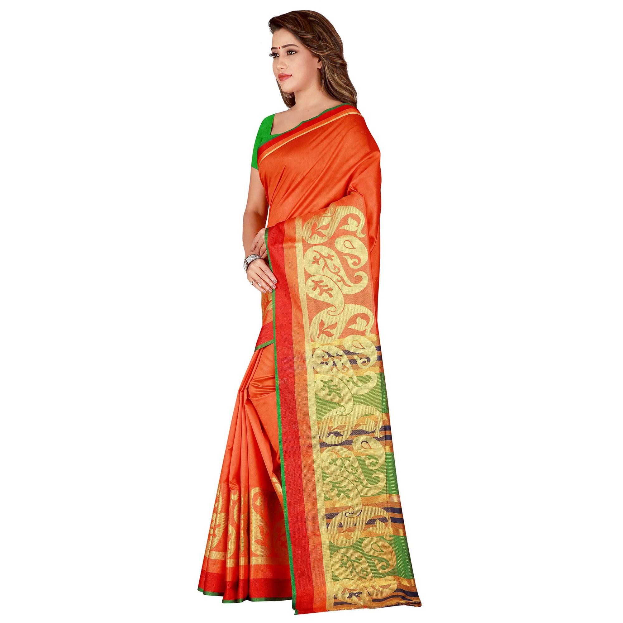 Attractive Orange Colored Festive Wear Woven Silk Saree - Peachmode