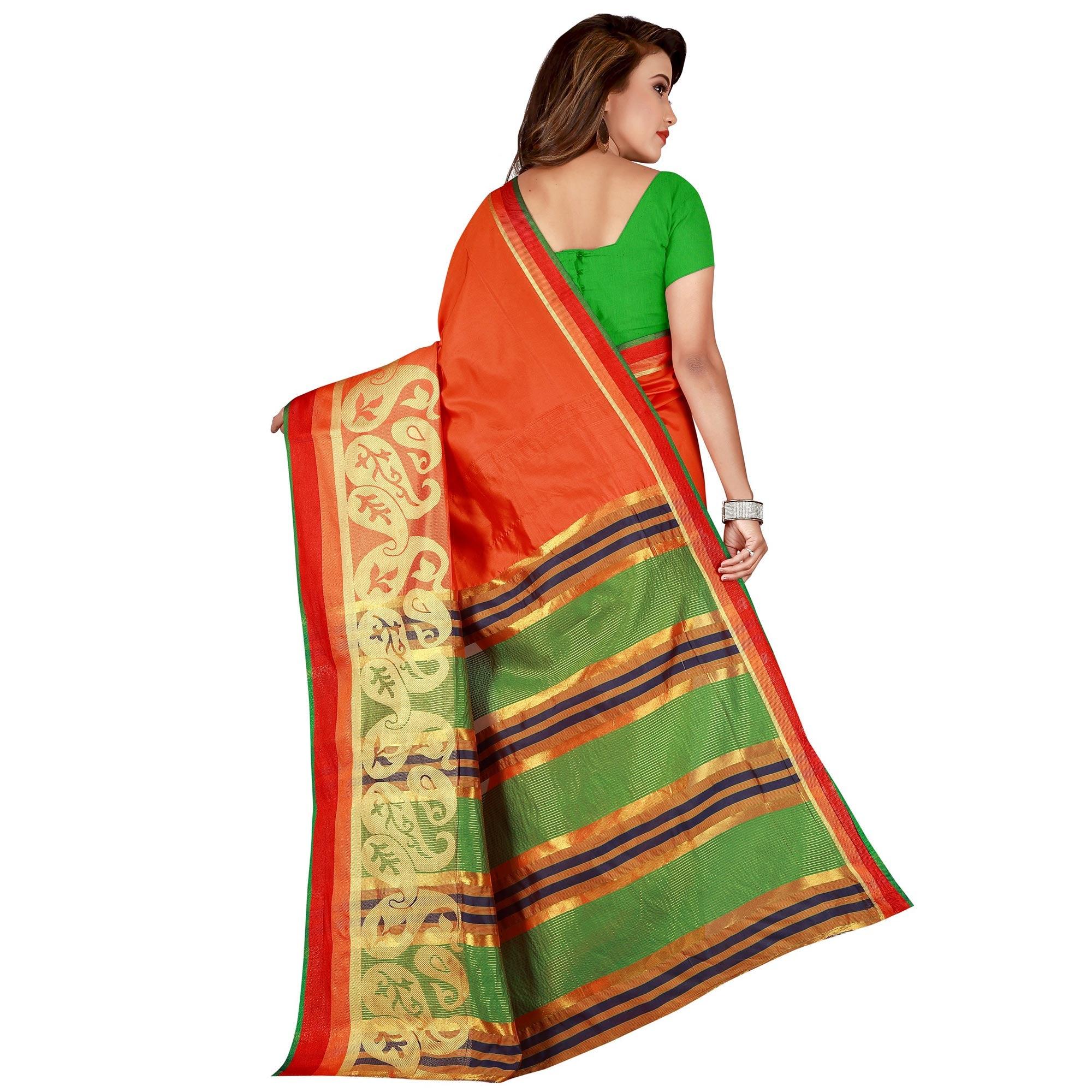 Attractive Orange Colored Festive Wear Woven Silk Saree - Peachmode
