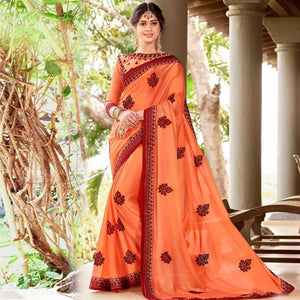 Attractive Orange Colored Partywear Embroidered Georgette Saree - Peachmode