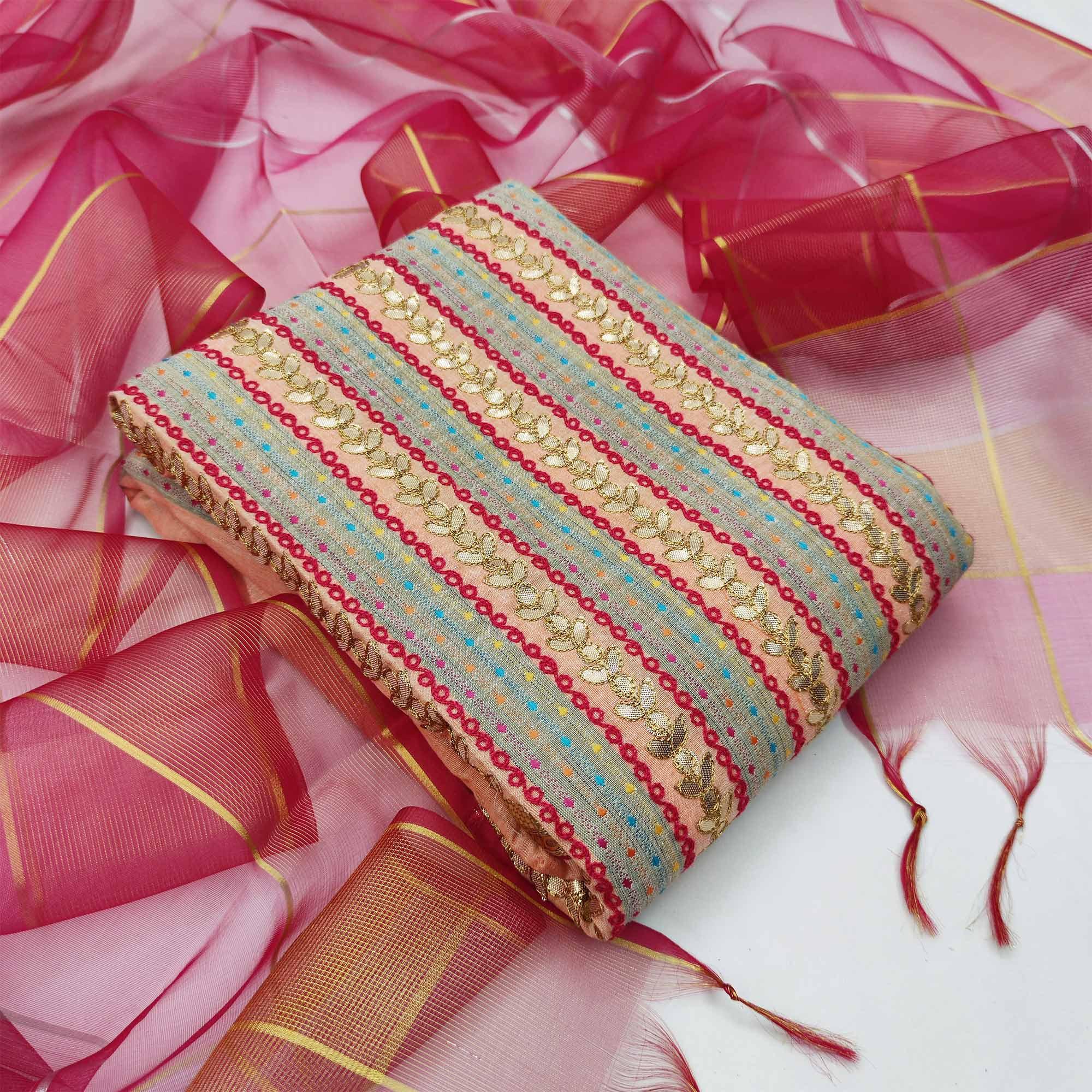 Attractive Peach Colored Casual Embroidered Cotton Dress Material - Peachmode