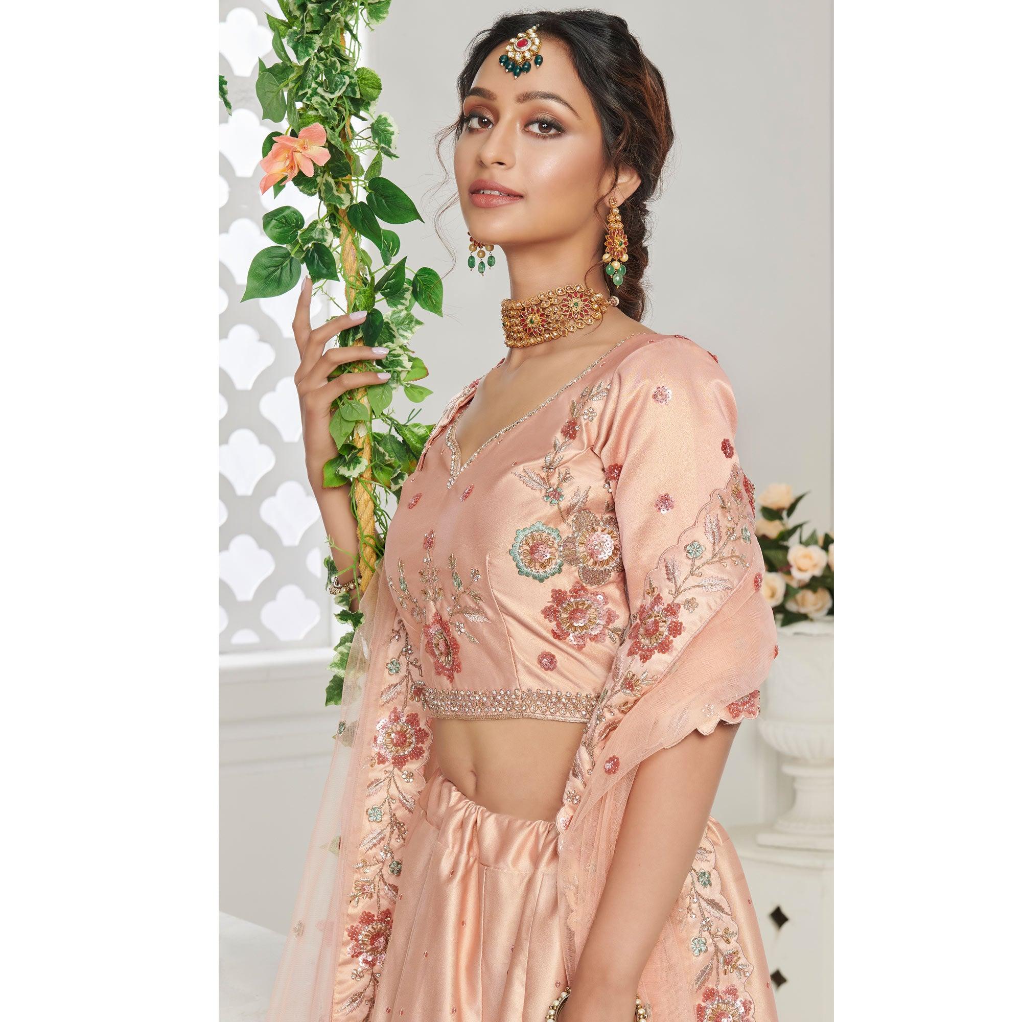 Attractive Peach Coloured Festive Wear Embroidered Silk Lehenga Choli - Peachmode