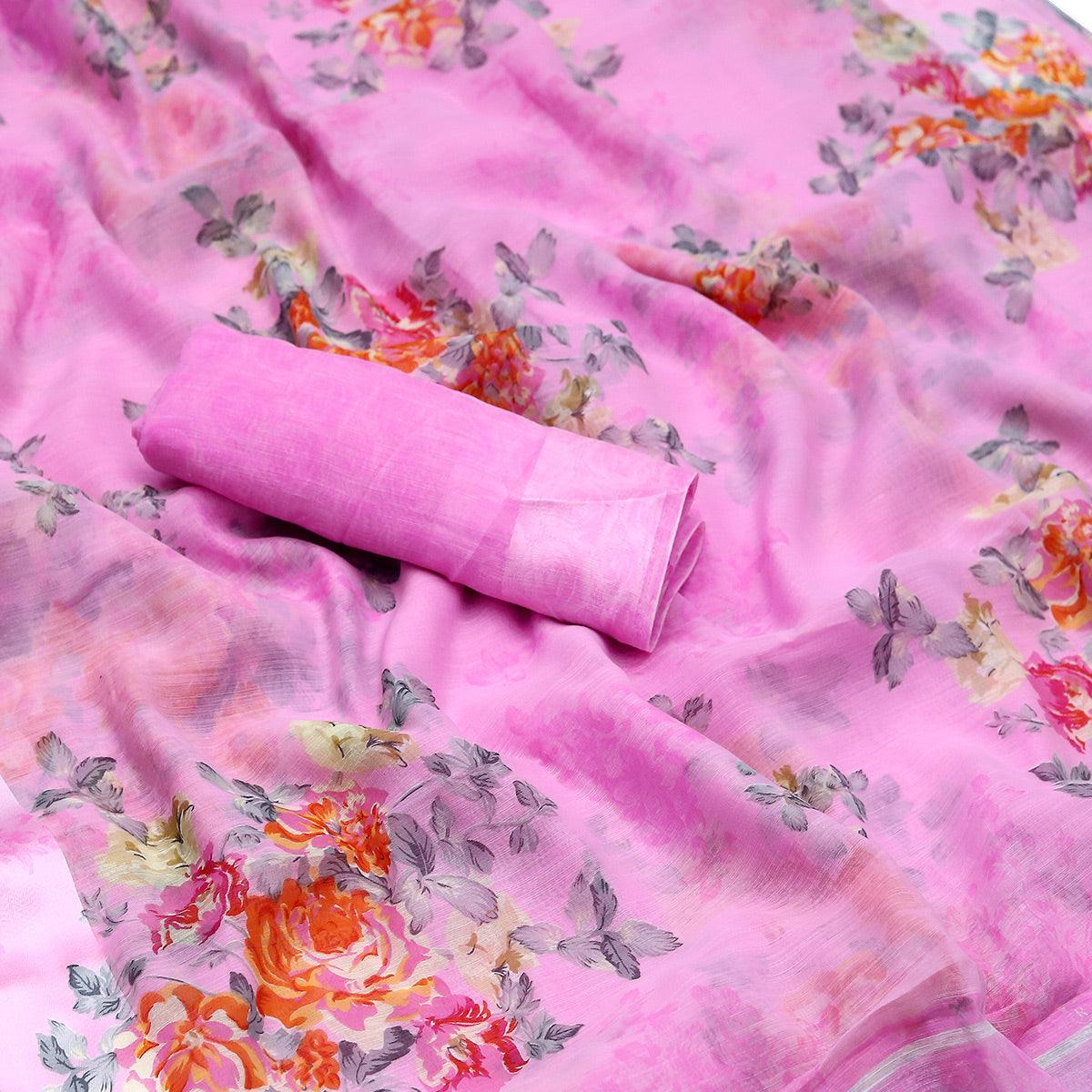 Attractive Pink Colored Casual Wear Floral Printed Cotton Blend Saree - Peachmode