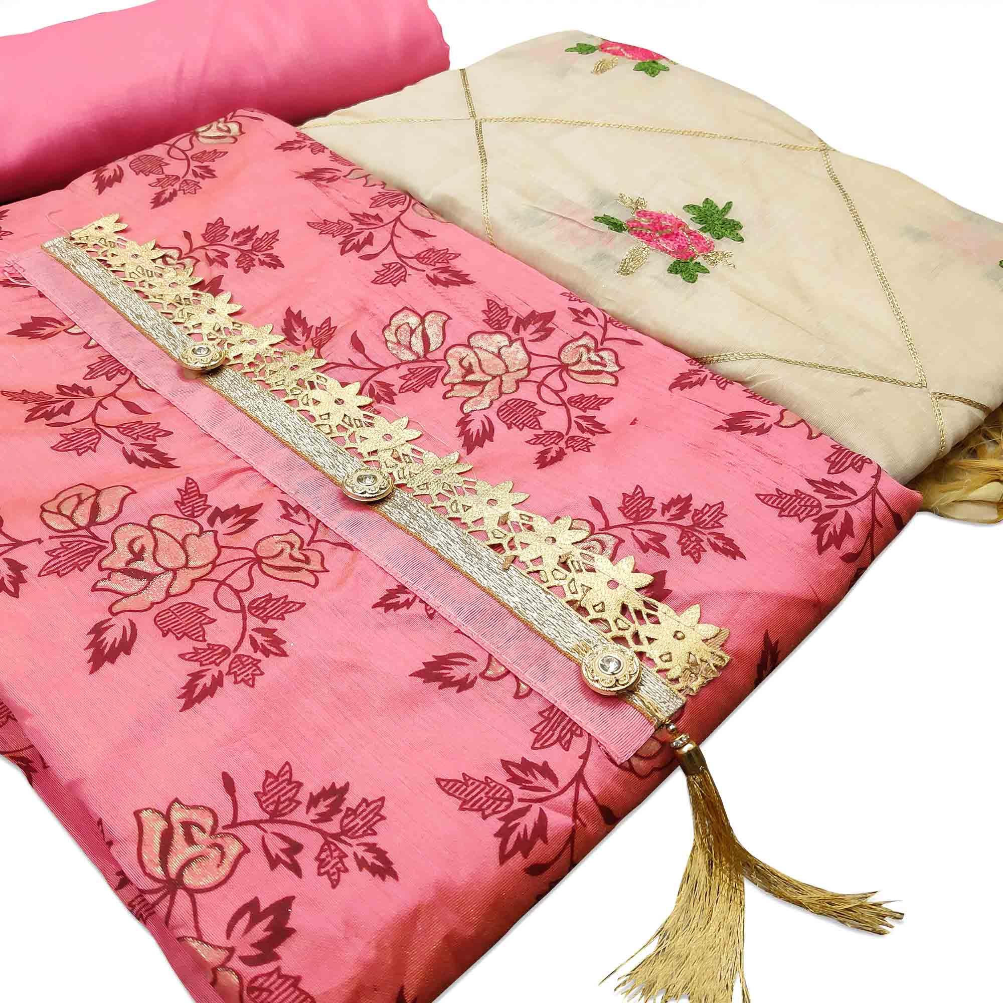 Attractive Pink Colored Casual Wear Printed Modal Silk Dress Material - Peachmode