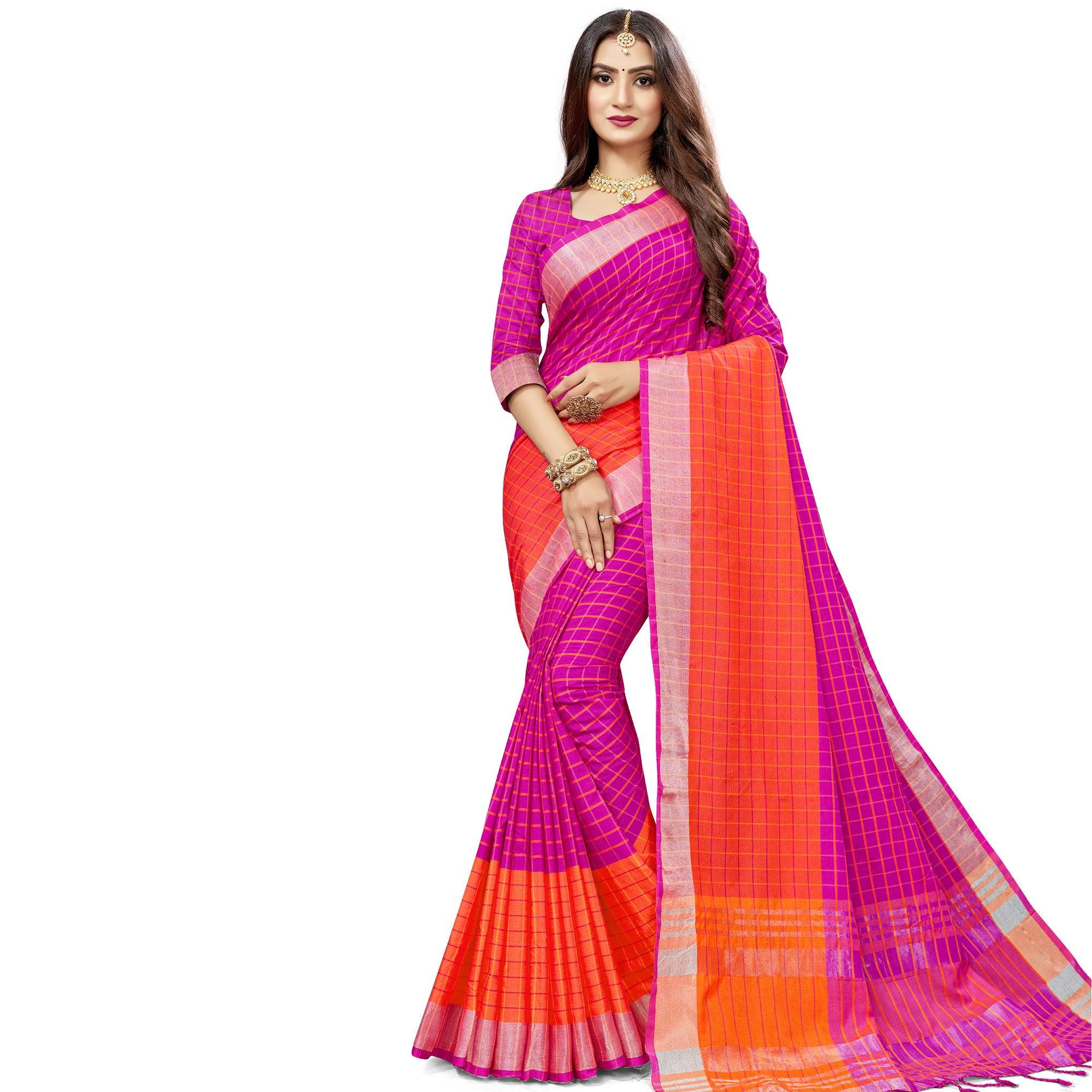 Attractive Pink Colored Fesive Wear Checks Print Cotton Silk Saree With Tassels - Peachmode