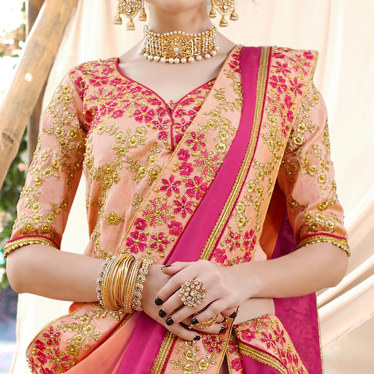 Attractive Pink Colored Partywear Embroidered Georgette Saree - Peachmode