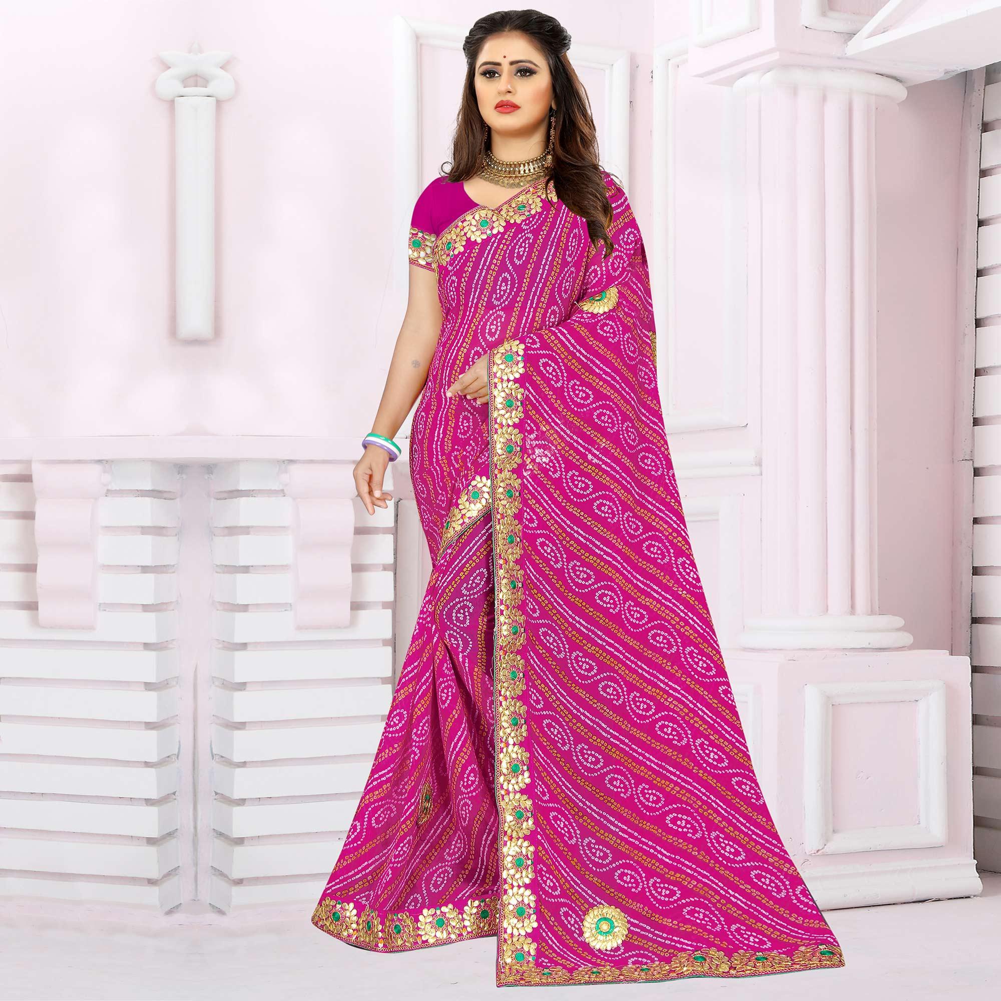 Attractive Pink Coloured Casual Wear Printed Georgette Saree - Peachmode