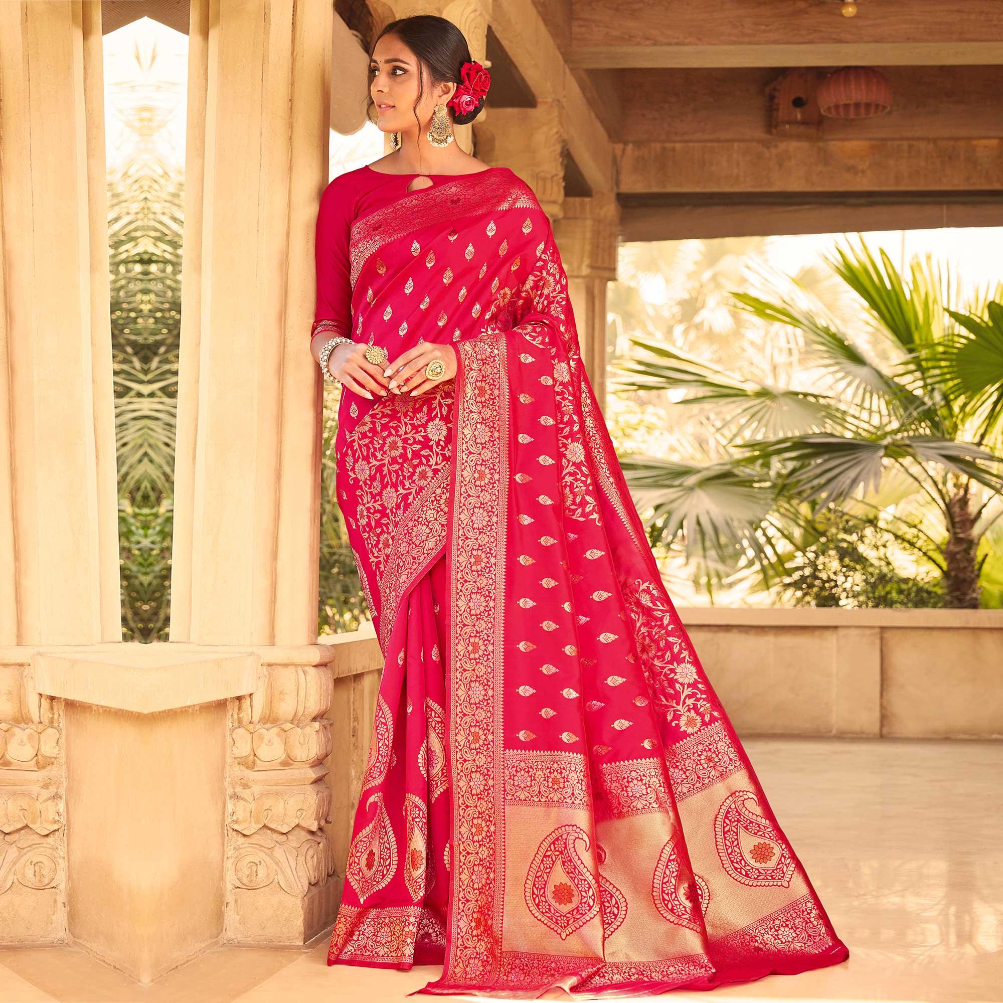 Attractive Pink Coloured Designer Partywear Weaving Silk Saree - Peachmode