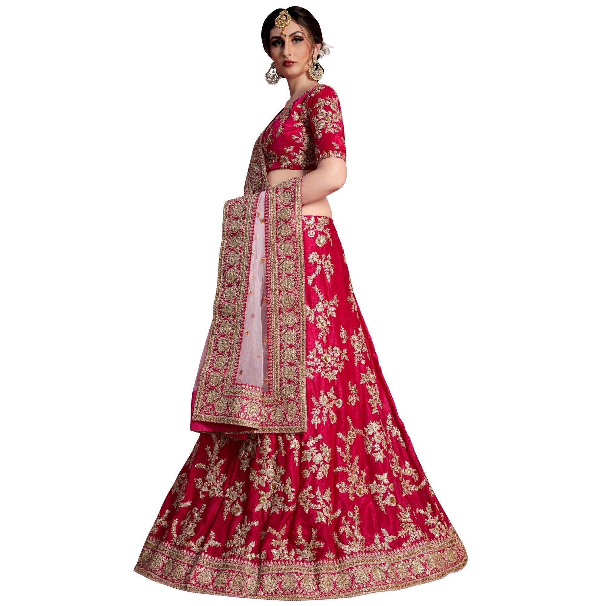 Attractive Pinkish Red Colored Partywear Embroidered Velvet Silk Lehenga Choli - Peachmode
