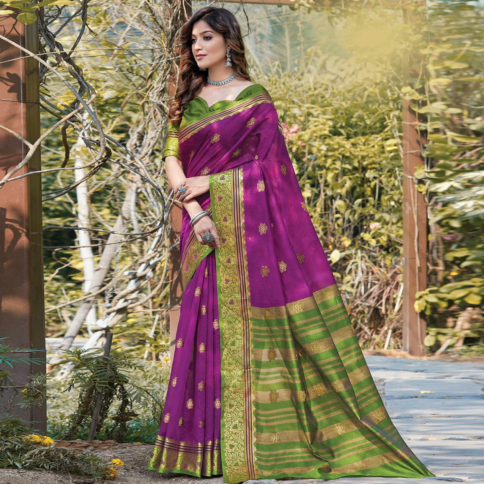 Attractive Purple Colored Festive Wear Woven Cotton Saree - Peachmode