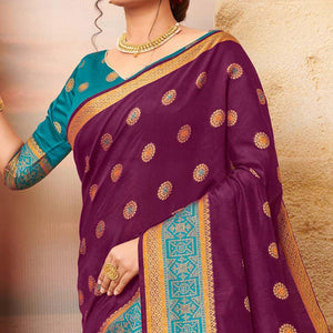 Attractive Purple Colored Festive Wear Woven Cotton Saree - Peachmode