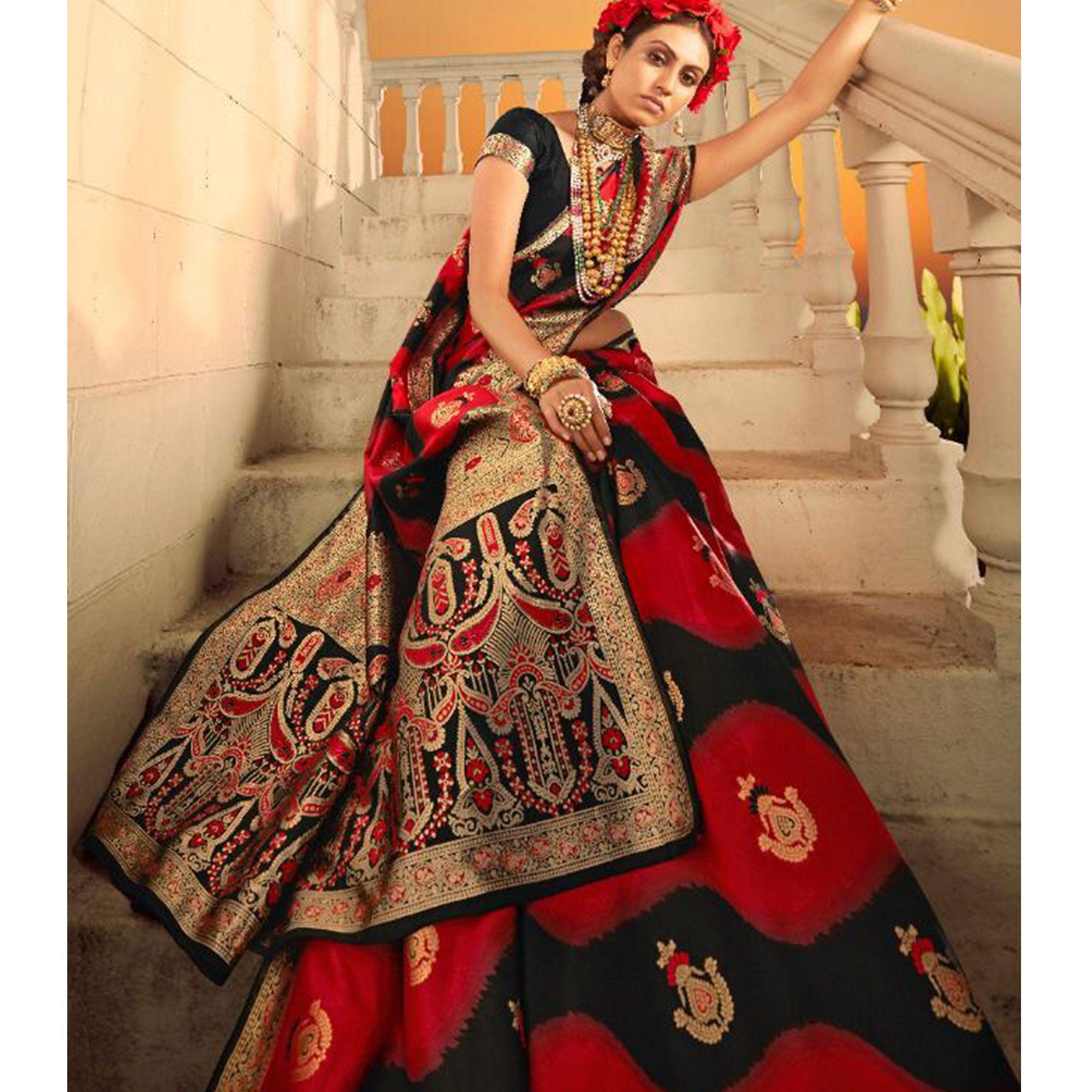Attractive Red & Black Colored Festive Wear Woven Banarasi Silk Saree - Peachmode