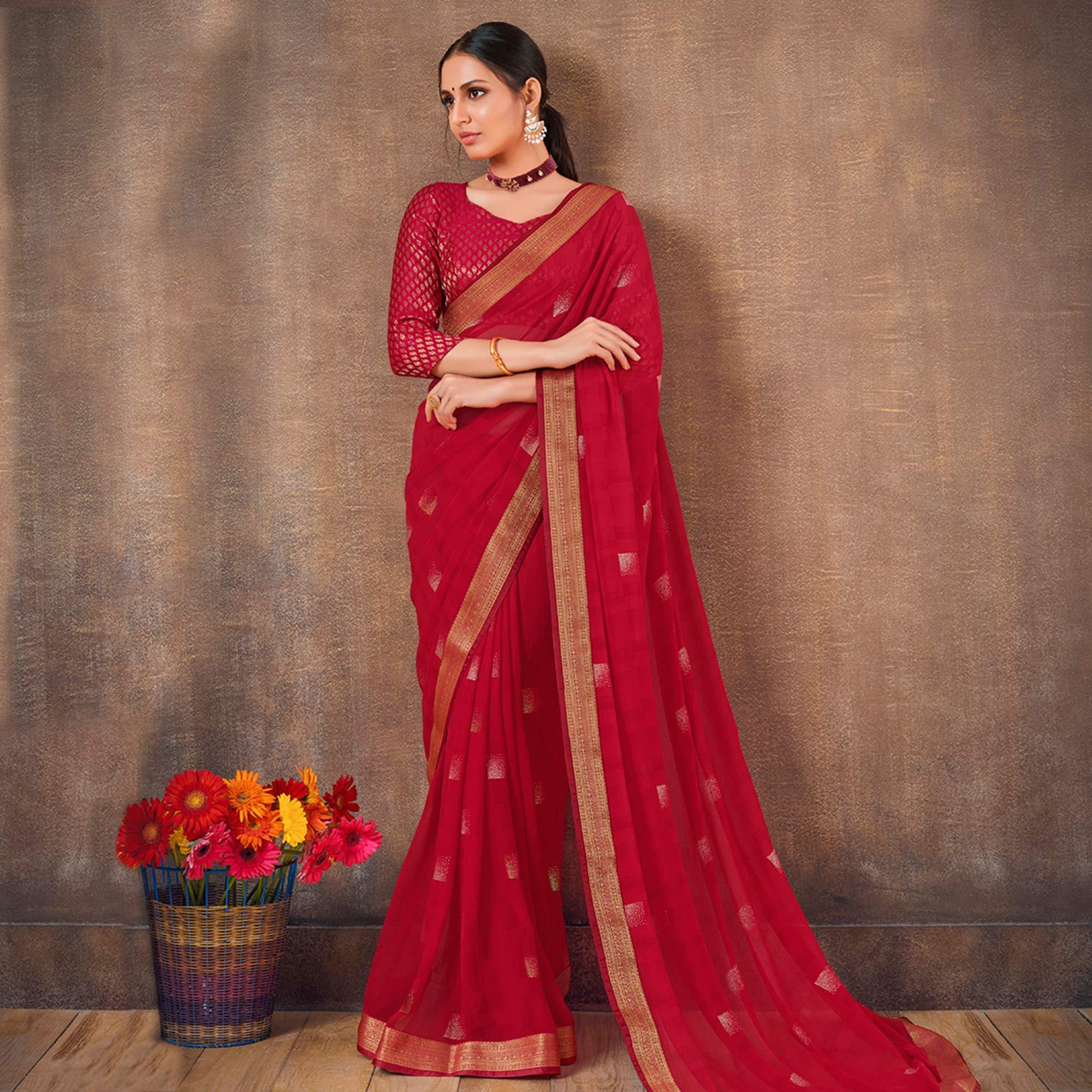 Attractive Red Colored Festive Wear Foil Printed Georgette Saree - Peachmode