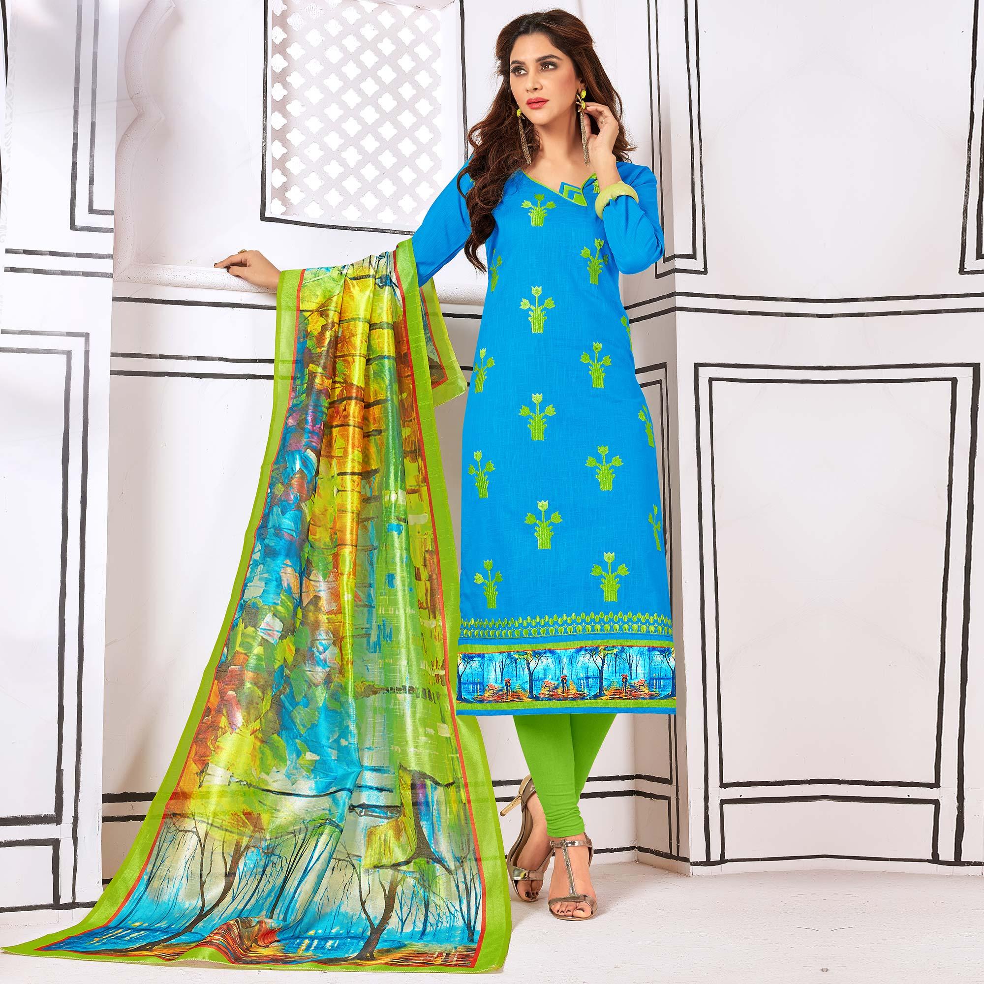 Attractive Sky Blue Colored Partywear Embroidered Cotton Suit - Peachmode