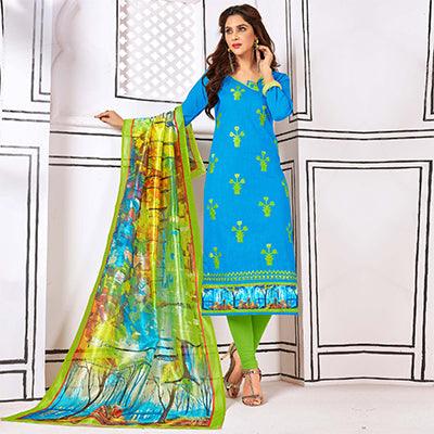 Attractive Sky Blue Colored Partywear Embroidered Cotton Suit - Peachmode