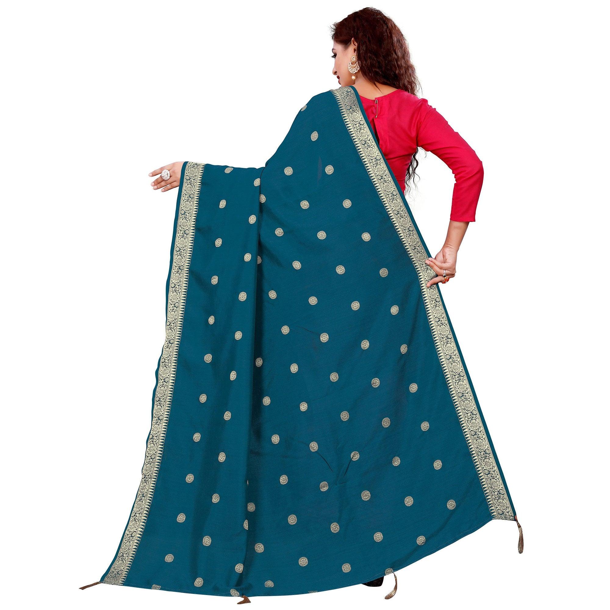 Attractive Teal Blue Colored Festive Wear Woven Art Silk-Viscose Dupatta With Tassels - Peachmode