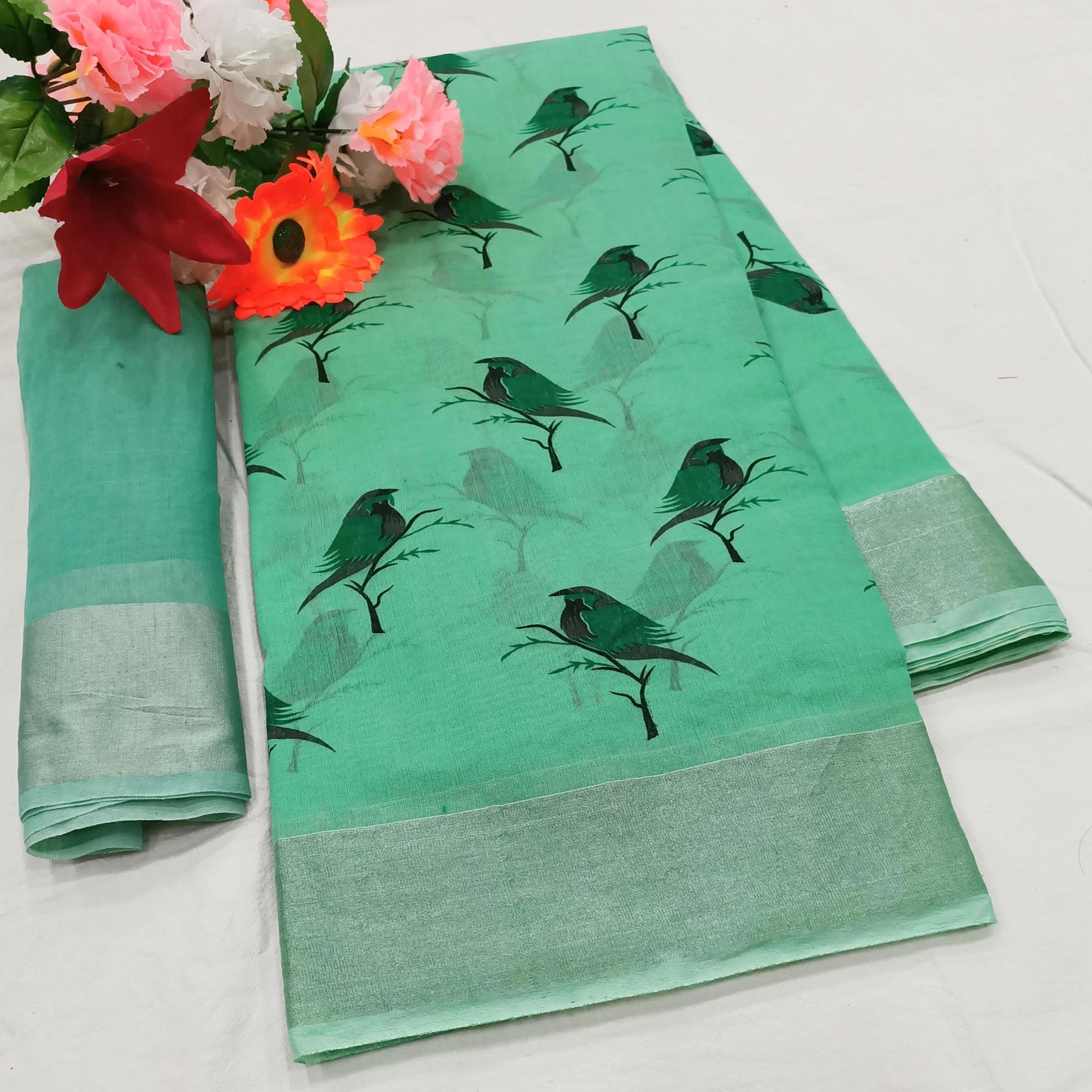 Attractive Turquoise Green Colored Casual Wear Sparrow Block Printed Cotton Linen Saree - Peachmode