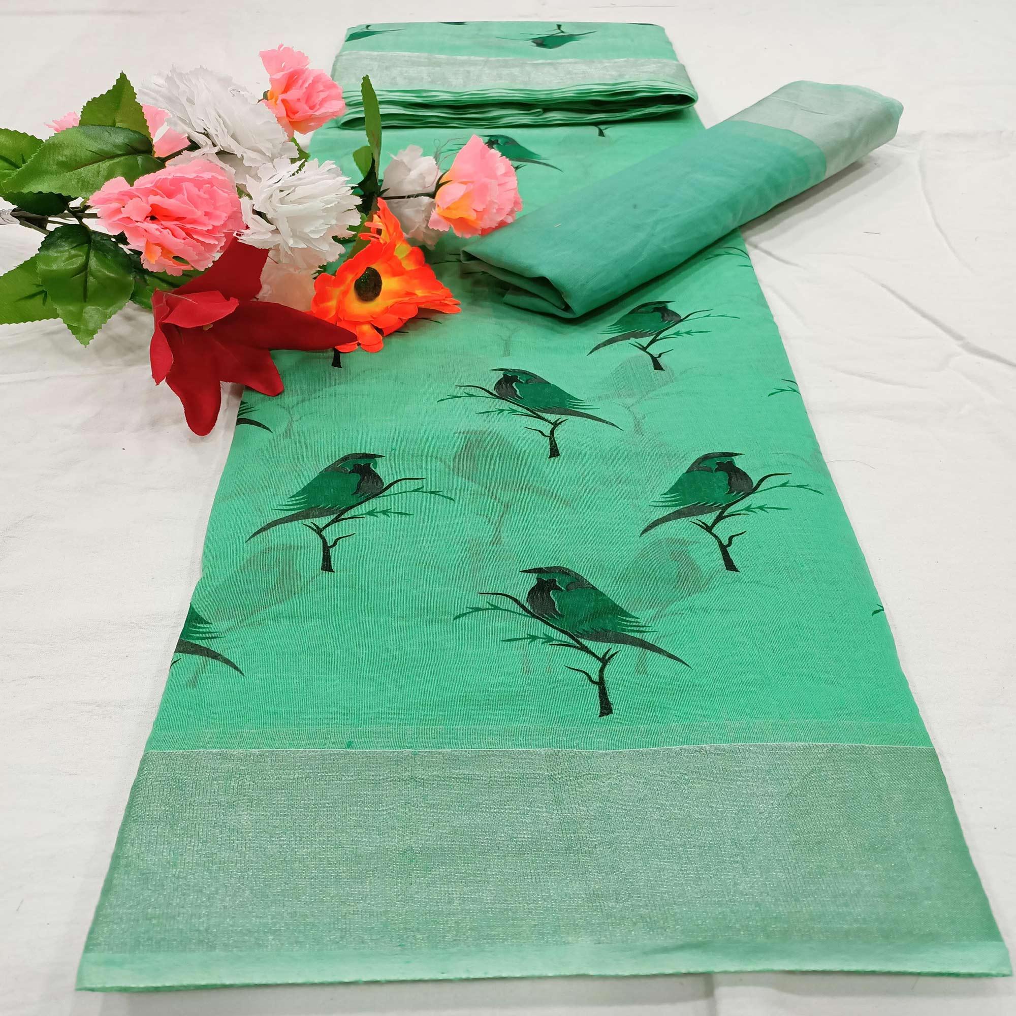 Attractive Turquoise Green Colored Casual Wear Sparrow Block Printed Cotton Linen Saree - Peachmode