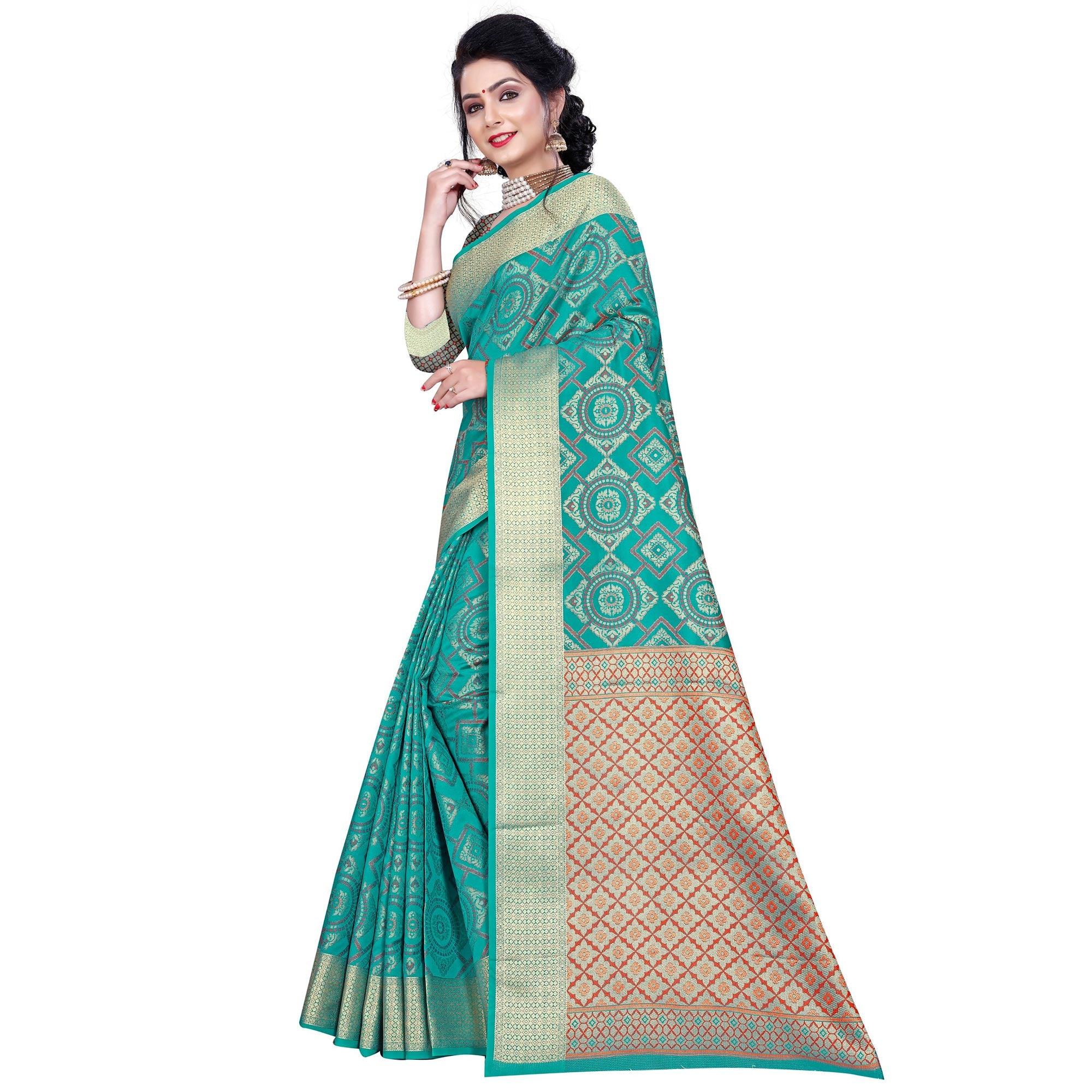 Attractive Turquoise Green Colored Festive Wear Woven Banarasi Silk Saree - Peachmode