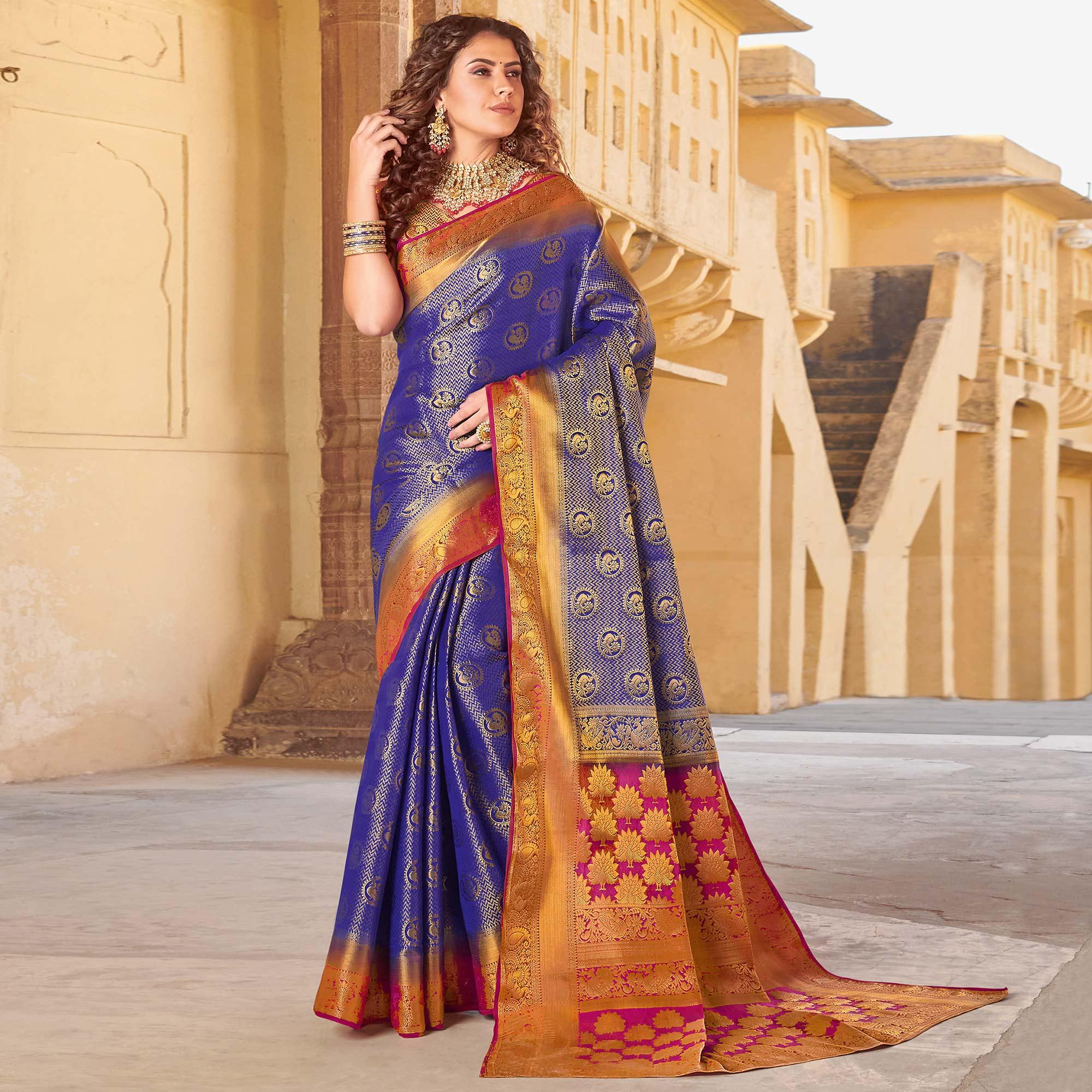 Attractive Violet Colored Festive Wear Woven Silk Saree - Peachmode