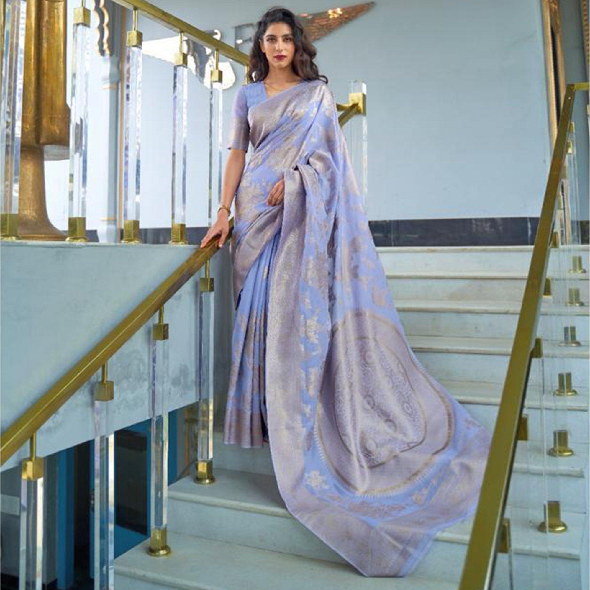 Attractive Violet Coloured Partywear Pure Modal Woven Silk Saree - Peachmode