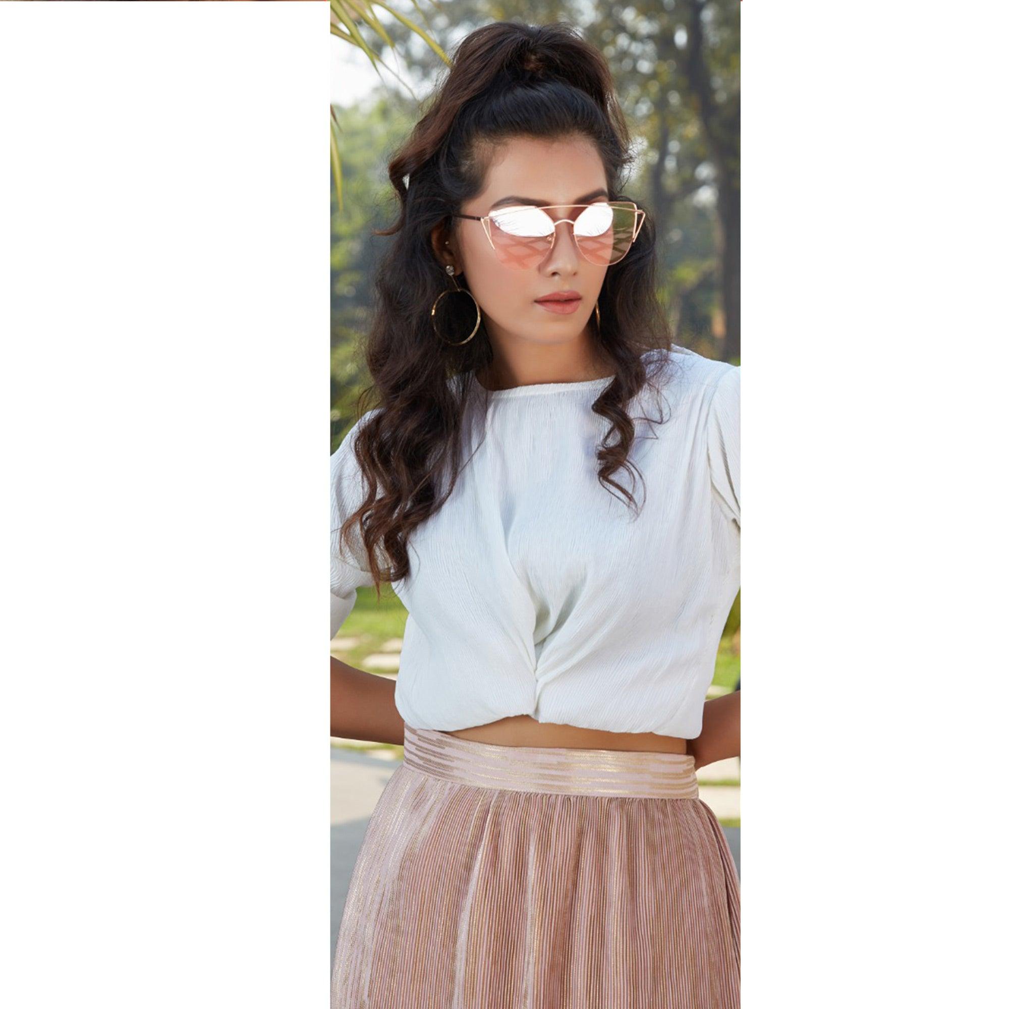 Attractive White-Peach Colored Casual Wear Printed Western Crop Top - Skirt Set - Peachmode