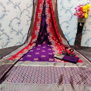 Attractive Wine Colored Festive Wear Woven Banarasi Jacquard Saree - Peachmode