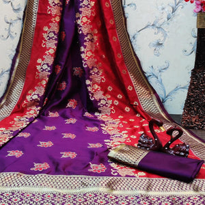 Attractive Wine Colored Festive Wear Woven Banarasi Jacquard Saree - Peachmode
