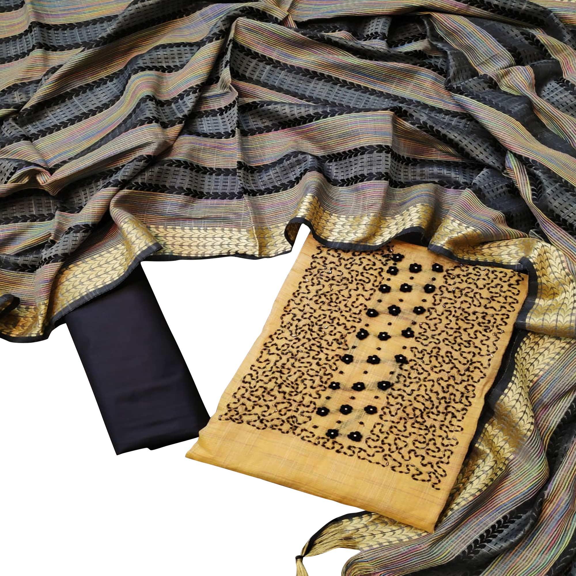 Attractive Yellow Colored Casual Embroidered Chanderi Dress Material - Peachmode