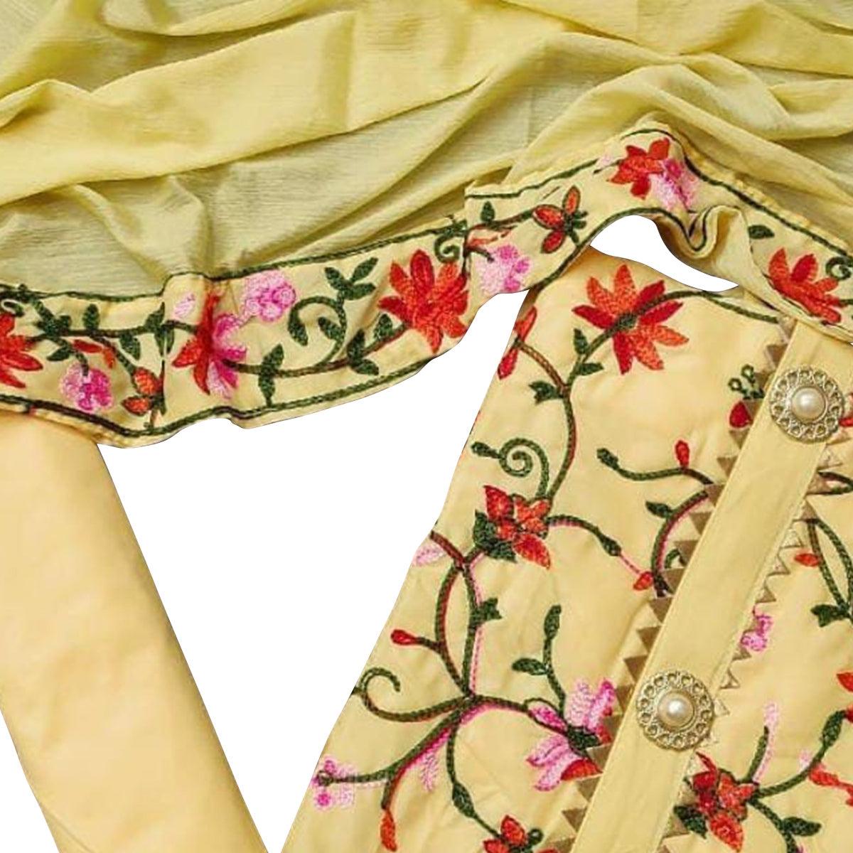 Attractive Yellow Colored Casual Embroidered Chanderi Dress Material - Peachmode