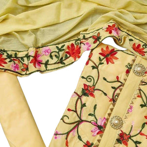 Attractive Yellow Colored Casual Embroidered Chanderi Dress Material - Peachmode