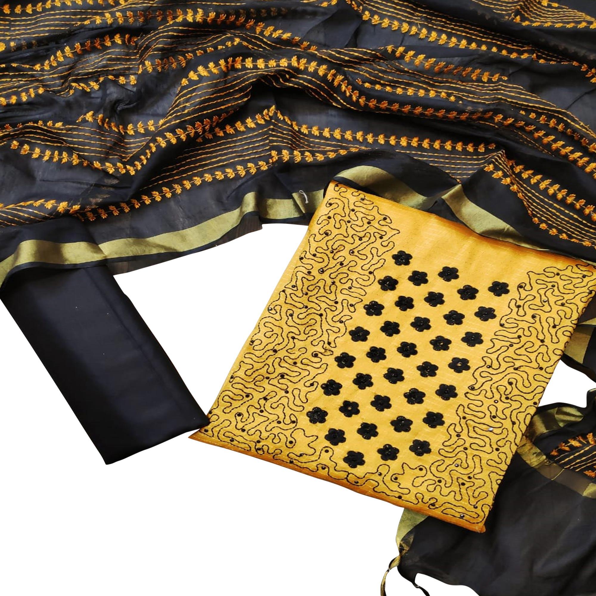 Attractive Yellow Colored Casual Wear Embroidered Manipuri Silk Dress Material - Peachmode