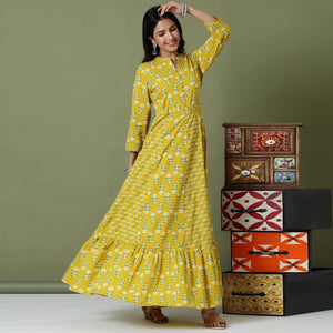 Attractive Yellow Colored Casual Wear Printed Cotton Long Kurti - Peachmode