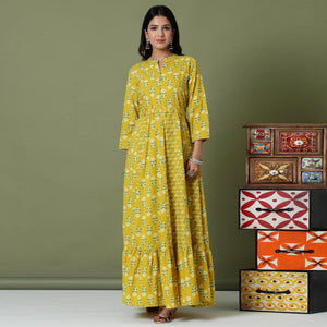 Attractive Yellow Colored Casual Wear Printed Cotton Long Kurti - Peachmode