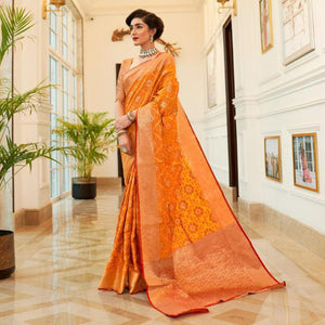 Attractive Yellow Coloured Festive Wear Indian Patola Woven Silk Saree - Peachmode