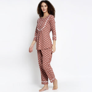 Aujjessa - Light Brown Cotton Printed Night Suit - Peachmode