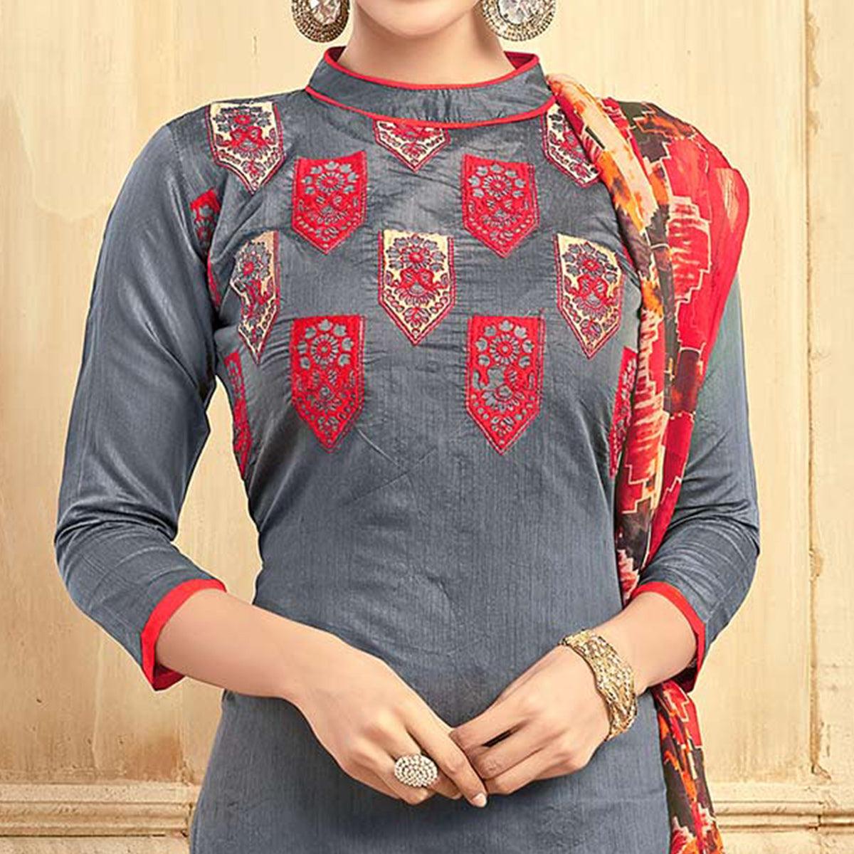 Awesome Grey Colored Partywear Embroidered Chanderi Suit - Peachmode