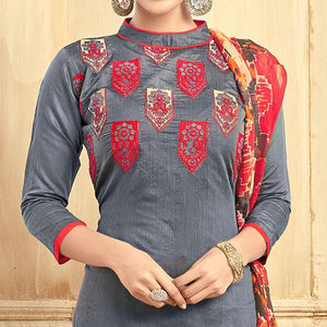 Awesome Grey Colored Partywear Embroidered Chanderi Suit - Peachmode
