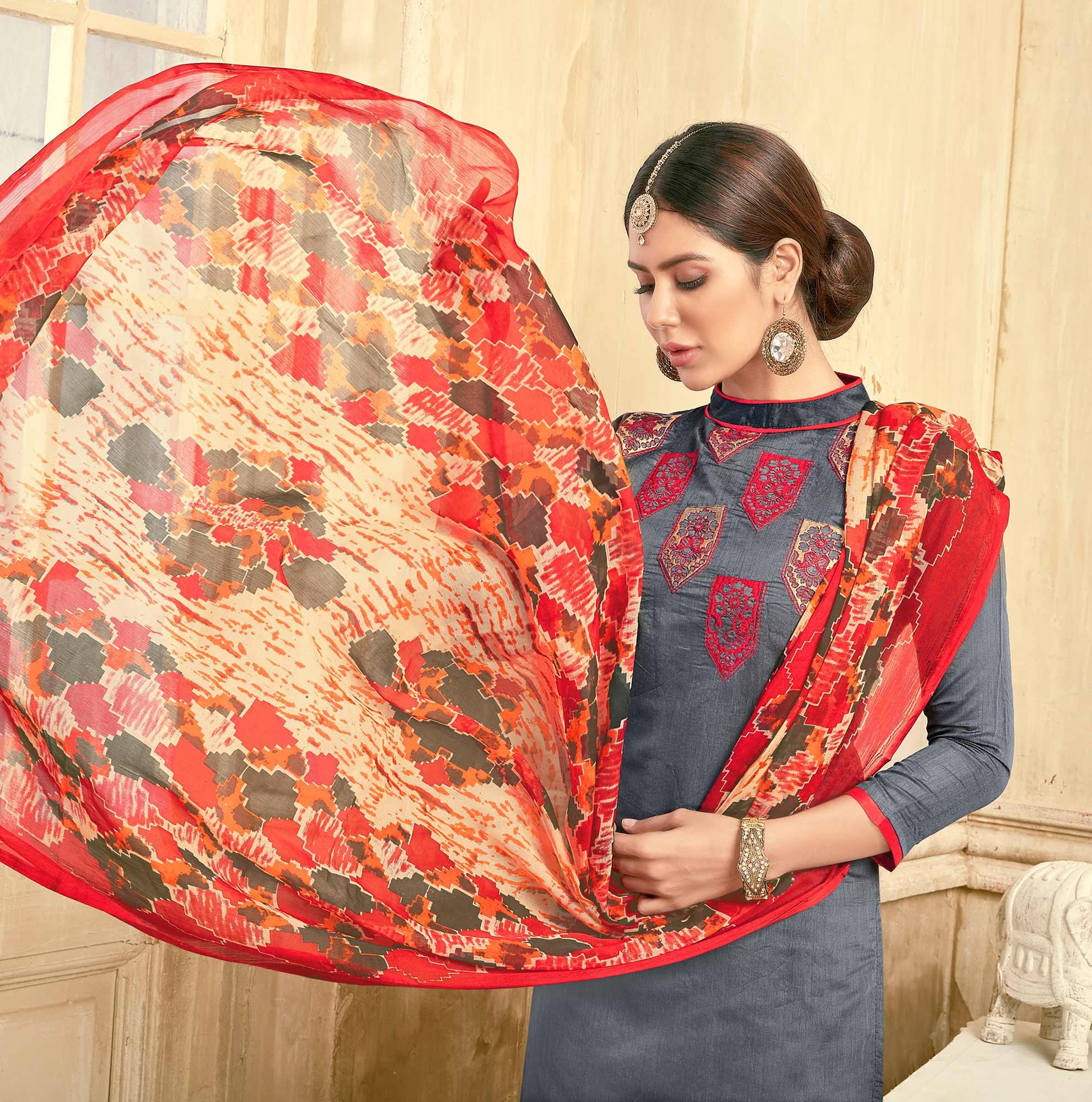 Awesome Grey Colored Partywear Embroidered Chanderi Suit - Peachmode