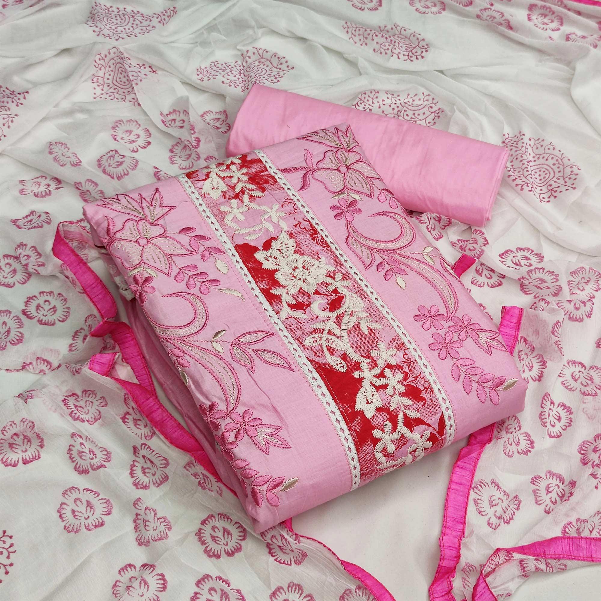 Baby Pink Casual Wear Floral Embroidered Work Cotton Dress Material - Peachmode