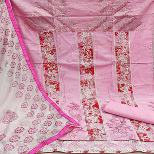 Baby Pink Casual Wear Floral Embroidered Work Cotton Dress Material - Peachmode