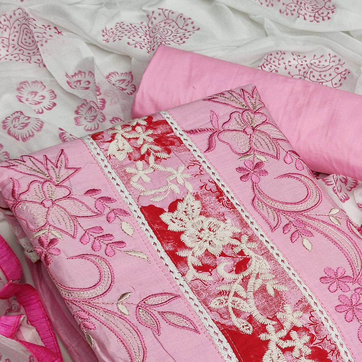 Baby Pink Casual Wear Floral Embroidered Work Cotton Dress Material - Peachmode