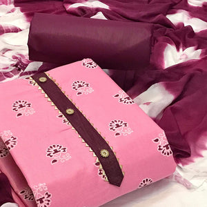 Baby Pink Casual Wear Printed Cotton Dress Material - Peachmode