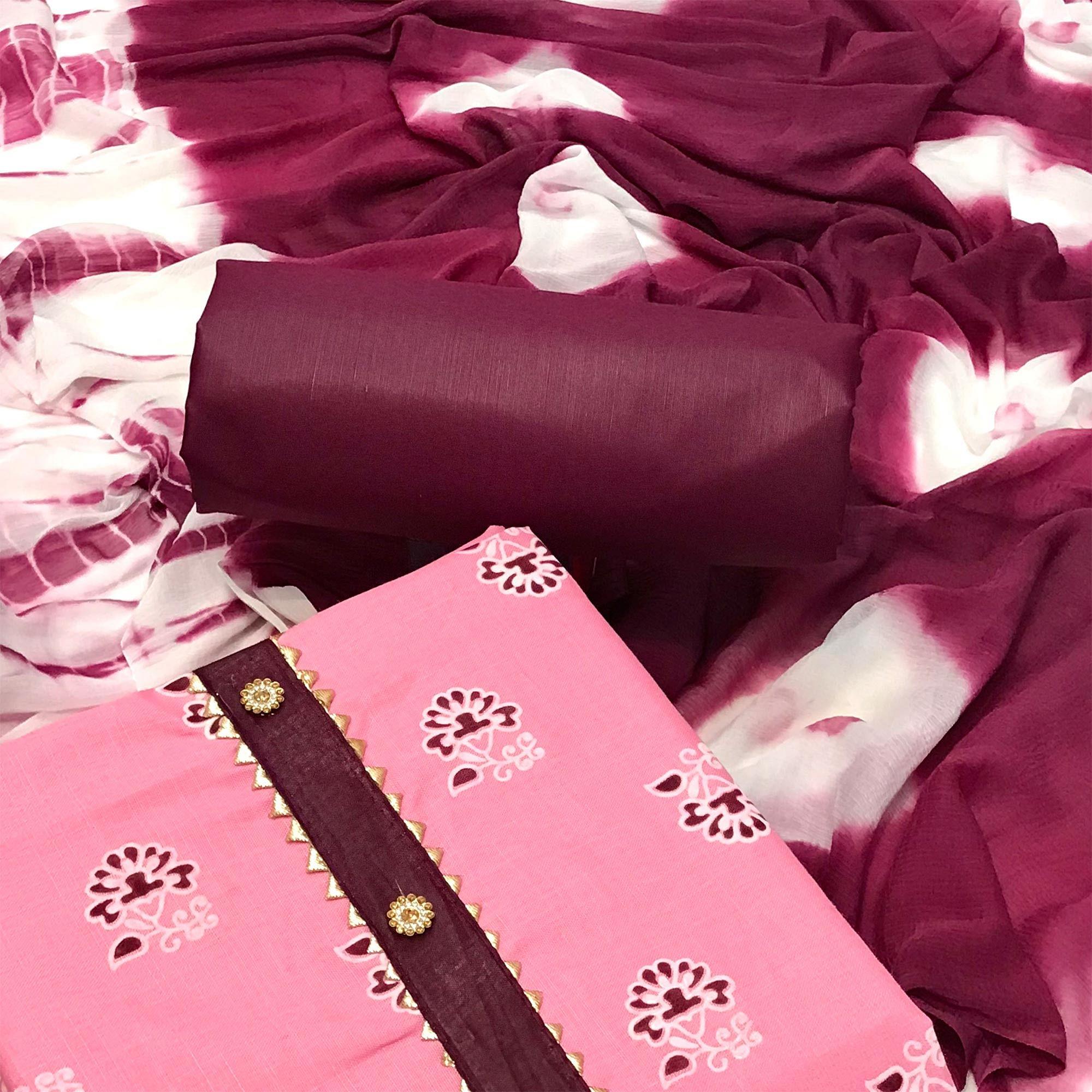 Baby Pink Casual Wear Printed Cotton Dress Material - Peachmode